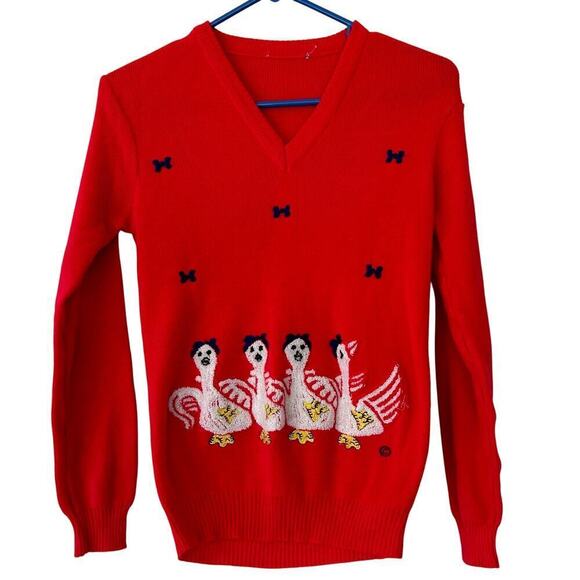 Vintage Sweaters - Vintage goose bow ugly knit sweater 70s funny coquette novelty Cottagecore S